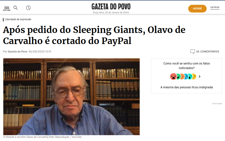 Olavo de Carvalho tem conta do paypal encerrada